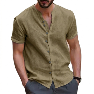 Hawaii New Fashionable Men's Retro Button <b>Shirts</b> Linen/Cotton Breathable V-neck Casual Short Sleeve for Summer - Product Image 3
