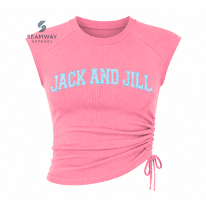 Jack And Jill Of America Sorority Women's Bling Rhinestone Ribbed Tank <b>Top</b> Ruched Side Crew Neck <b>Raglan</b> Cap Sleeve Crop <b>Top</b> - Product Image 1