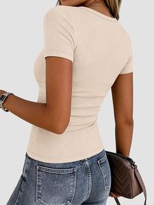 <b>Women's</b> Beige Ribbed <b>V</b>-<b>neck</b> Short Sleeve Regular Fit Knitted 100% Cotton Eco-Friendly Canvas <b>T</b>-<b>Shirt</b> Spring Summer Casual Wear - Product Image 6
