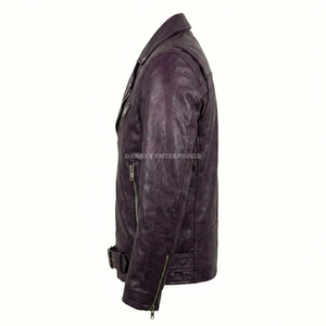 Blouson de motard en cuir violet personnalisé pour homme, manteau en peau de mouton véritable vieilli, fermeture éclair asymétrique, fournisseur de vêtements de moto en gros - Product Image 5