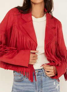 Red Faux Suede Fringe <b>Jacket</b> Women Cropped Open Front Notch Lapel Western Boho Coat Lightweight Microsuede Festival OEM - Product Image 3