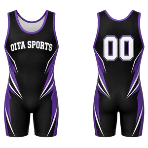 Combinaison de lutte sublimée noire et violette pour hommes, imprimé numérique, polyester, tenue de lutte, vêtements de sport performants - Product Image 1