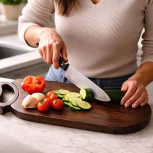 Planche à découper rectangulaire en bois de manguier 100% premium KHATI HOUSE avec poignée en bois, épaisseur 1,5 cm, résistante et adaptée aux aliments - Product Image 1