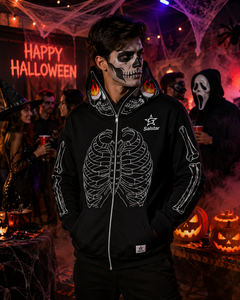 Sudadera con Capucha Negra Gótica con Diseño de Calavera y Cierre de Cremallera para Hombre, Diseño de Esqueleto Estampado, Corte Regular, Sudadera con Capucha para Otoño - Product Image 5