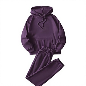 Women Purple Hooded Sweatshirt Jogger Set Solid Color Two Piece Tracksuit Casual Loose Fit Full Sleeve Knitted Cotton - Product Image 1