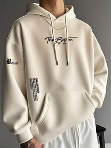 Sweat-shirt à capuche Boston pour homme, 100 % coton French Terry, coupe oversize décontractée, streetwear, avec poche, coupe classique, blanc hiver, respirant - Product Image 1