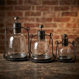 โคมไฟแก้ววินเทจพร้อมโครงโลหะทรงกระบอก ของตกแต่งบ้าน ที่ใส่เทียนเปล่า - Product Image 4