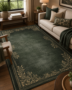 Tapis d'intérieur vintage à poils plats, motif feuille, en laine/soie, fabriqué à la machine, tufté à la main, avec bordure verte, antidérapant en latex, pour chambre et salon - Product Image 2