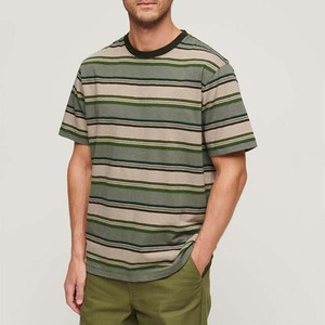 เสื้อยืดคอกลมแขนสั้นลายทางใหม่ ทรงปกติ ผ้าฝ้ายถัก สีเขียวเบจ ลายพิมพ์ - Product Image 1