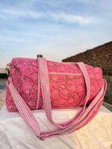 Pink Block Print Duffle <b>Bag</b>, Quilted Cotton Weekender <b>Bag</b>, Floral Travel <b>Bag</b>, Handmade Boho <b>Overnight</b> Tote - Product Image 1