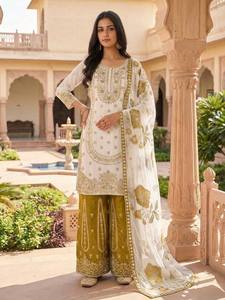 Salwar Kameez en soie blanche élégante avec broderie dorée pour femmes, tenue de mariage, vêtements traditionnels indiens et pakistanais - Product Image 1