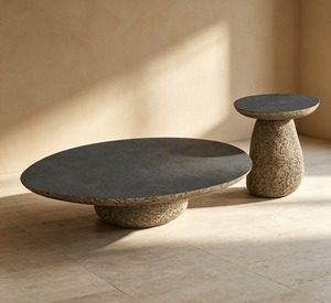 Table basse en pierre minimaliste, design rond moderne, meubles de salon faits à la main - Product Image 1