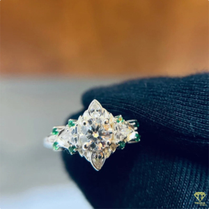 Gorgeous Princess Cut Moissanite Diamond <b>Ring</b> In Authentic 925 Sterling Silver With Sparkling Green Accent Stones - Product Image 1