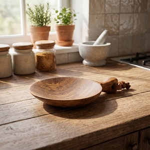 Cuchara de Madera de Suar de Grado Alimenticio con Cordón de Cuero de Cinco Centímetros de Largo, Color Marrón Claro, Diámetro de Nueve Puntos Cinco, Cuatro Catorce Longitudes - Product Image 3