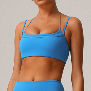 Women's Lightweight Seamless Sports <b>Bra</b> with Longline Spaghetti <b>Straps</b> Breathable Wirefree Workout Yoga <b>Bra</b> with Front Logo - Product Image 3