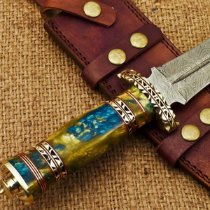 Handmade Damascus <b>Steel</b> Dagger Knife with Green Resin Handle Patterned Fixed Blade Hunting Knife Brown Leather Sheath <b>Outdoor</b> - Product Image 5