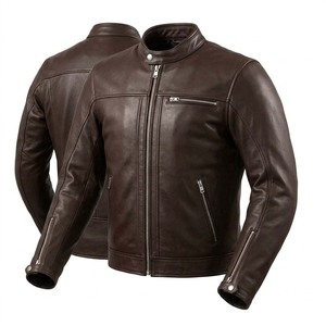 Men's Leather <b>Jacket</b> Canvas Long Thin Vintage Biker Cafe Racer Front Zipper Hooded - Product Image 6