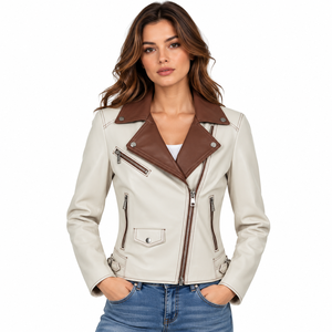 Veste moto en cuir véritable pour femme, couleur crème, col marron, fermeture éclair, coupe ajustée, style automne - Product Image 4