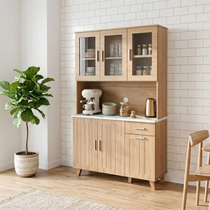 Mueble de Cocina Moderno K411 de Aglomerado, MDF y PU con Acabado en Roble Blanco y Mármol, Cajonera, Estante para Panadería y Soporte para Microondas - Product Image 1