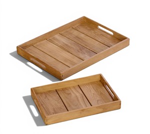 Bandeja de Servicio Rectangular de Madera de Teca Sólida Minimalista al por Mayor con Asas, Decorativa para Hoteles, Resorts y Restaurantes de Lujo - Product Image 5