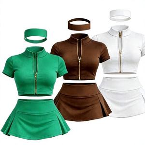 Custom Womens Activewear Sets 3 Piece Short Skirt Gold Zipper Yoga <b>Jacket</b> Shorts Headband Gym <b>Workout</b> Set Fitness Sportswear - Product Image 3