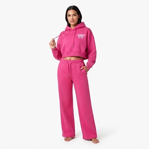 Conjunto de Sudadera Corta con Capucha y Cordón Ajustable Rosa para Mujer y Pantalones Deportivos de Pierna Ancha, en Felpa de Algodón, Estilo Casual - Product Image 2