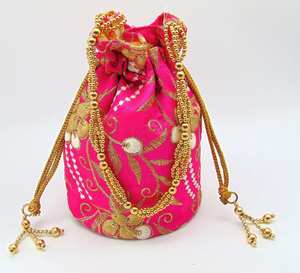 Handmade <b>Pink</b> Silk Potli Purse With Gold Beaded Tassels And Floral Embroidery Crafts <b>Bag</b> For Wedding Decoration - Product Image 1