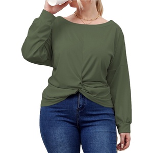 T-shirts à manches longues pour femmes grandes tailles, couleur unie, style décontracté, coupe irrégulière croisée, surdimensionnés, personnalisables en usine, collection automne - Product Image 6