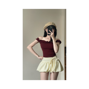 Camiseta de Alta Calidad Ecológica para Mujer, 100% Algodón, Corte Ajustado, Cintura Alta, Estilo Recto Natural, Elegante, con Fruncido en el Busto y Hombros Descubiertos - Product Image 1