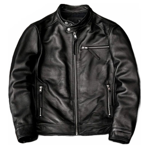 Men's Genuine Leather Motorcycle <b>Jacket</b> Stand Collar Zipper Closure Solid Color Autumn Regular Fit - Product Image 1