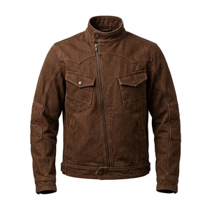Vintage Waxed Canvas Biker Jacket Men Custom Asymmetric Zipper <b>Stand</b> Collar Quilted Elbow Motorcycle Outerwear <b>Coat</b> - Product Image 1