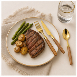 Ensemble de couverts en or avec manche en bois naturel, acier inoxydable poli miroir, pour la maison, les restaurants et la décoration de mariage - Product Image 2