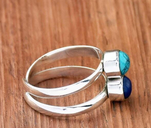 Bague en Lapis Lazuli Bleu et Turquoise en Argent Sterling 925, Double Bande Ajustable, Bijou Bohème Tendance, Cadeau pour Femme, Vente en Gros - Product Image 4