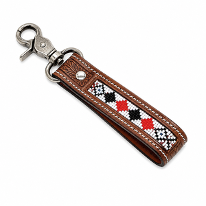 Handcrafted Brown Leather Beaded Keychain with Red Black White Pattern <b>Engraved</b> Accent Metal Swivel Clasp Western <b>Key</b> <b>Ring</b> Bag - Product Image 1