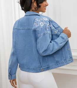 Hardihood International Light Wash Denim <b>Jacket</b> Women Embroidered Floral Button Front Formal Breathable Distressed <b>Rhinestone</b> - Product Image 2