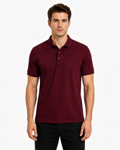 <b>Burgundy</b> <b>Men's</b> Solid <b>Shirt</b> Half Sleeve Collared Front Logo 100% Cotton Knitted Fabric Quick Dry Lightweight Casual Business Wear - Product Image 1