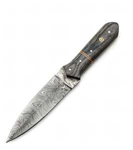 Couteau à éplucher utilitaire de cuisine en acier Damas à motif plume, fabriqué à la main, manche en Pakkawood gris - Product Image 1
