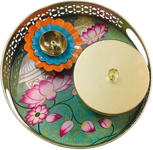Pot en métal Pichwai artisanal avec plateau, design vintage, récipient décoratif traditionnel pour la décoration de la maison, festival et article cadeau - Product Image 4