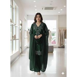 EID EXCLUSIVE MODERN GEorgette SALWAR KAMEEZ SEQUENCE EMBROIDERY for WEDDING PARTY BEACH SEASONS QUICK DRY <b>WORKED</b> <b>TOP</b> DUPATTA - Product Image 1