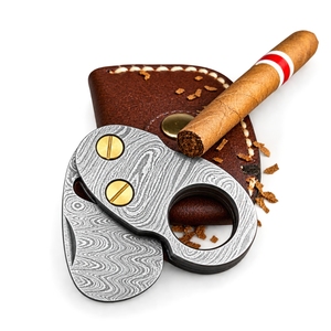 Coupe-cigares artisanal en acier Damas avec poignée en laiton, double lame de précision, accessoire portable pour cigares, fabricant en gros sur mesure - Product Image 1