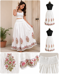 Falda larga de algodón floral rosa al por mayor, con cintura fruncida, estilo bohemio casual, estampado a mano, India - Product Image 4