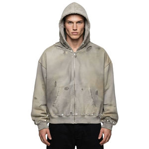 Sweat à capuche zippé oversize pour homme en polaire, style vintage vieilli, avec strass, poche unie, écologique, streetwear décontracté - Product Image 1