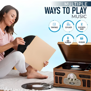 All-in-One Vintage Record Player Turntable with Bluetooth, CD Player, Cassette Tape, AM/FM Radio, <b>USB</b> Playback, Built-in Stereo - Product Image 4