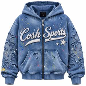 Conjunto de chándal de mezclilla desgastada con lavado ácido para mujer, chaqueta bordada con cremallera y pantalones holgados a juego, estilo urbano. - Product Image 4