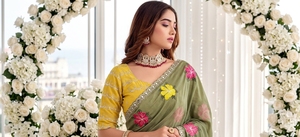 Sari de Georgette Bordado de Moda AARA, Mezcla de Seda Floral, Vestido Tradicional Indio con Protección Solar para Bodas, Fiestas y Festivales - Product Image 4