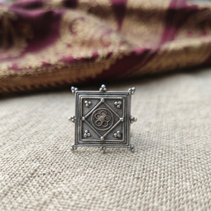 DIVYORO VINTAGE OXIDIZED <b>SILVER</b> INLAY GEOMETRIC ETHNIC STATEMENT <b>RING</b> with PINK & GREEN STONE ACCENTS Women's Brass Party - Product Image 2