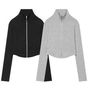 Women's <b>Cropped</b> Zipper <b>Jacket</b> Solid Color Stand Collar Full Sleeve Knitted Casual Outerwear Black Gray - Product Image 2