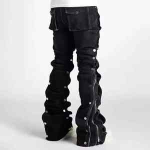 Jean en denim noir de haute qualité pour homme, style vintage coupe bootcut avec motif 3D et décoration diamant pour l'hiver - Product Image 3