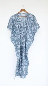 Elegante Vestido Kaftan de Algodón Azul con Estampado Floral, Cuello en V, Estilo Bohemio, Holgado, Informal, para Vacaciones de Verano - Product Image 2