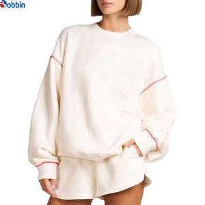 Conjunto Deportivo Personalizado para Mujer, 2 Piezas, Conjunto de Sudadera Tejida, Cuello Redondo, Manga Larga, Color Sólido, Corte Holgado, Estilo Casual, Conjunto Corto Blanco - Product Image 3